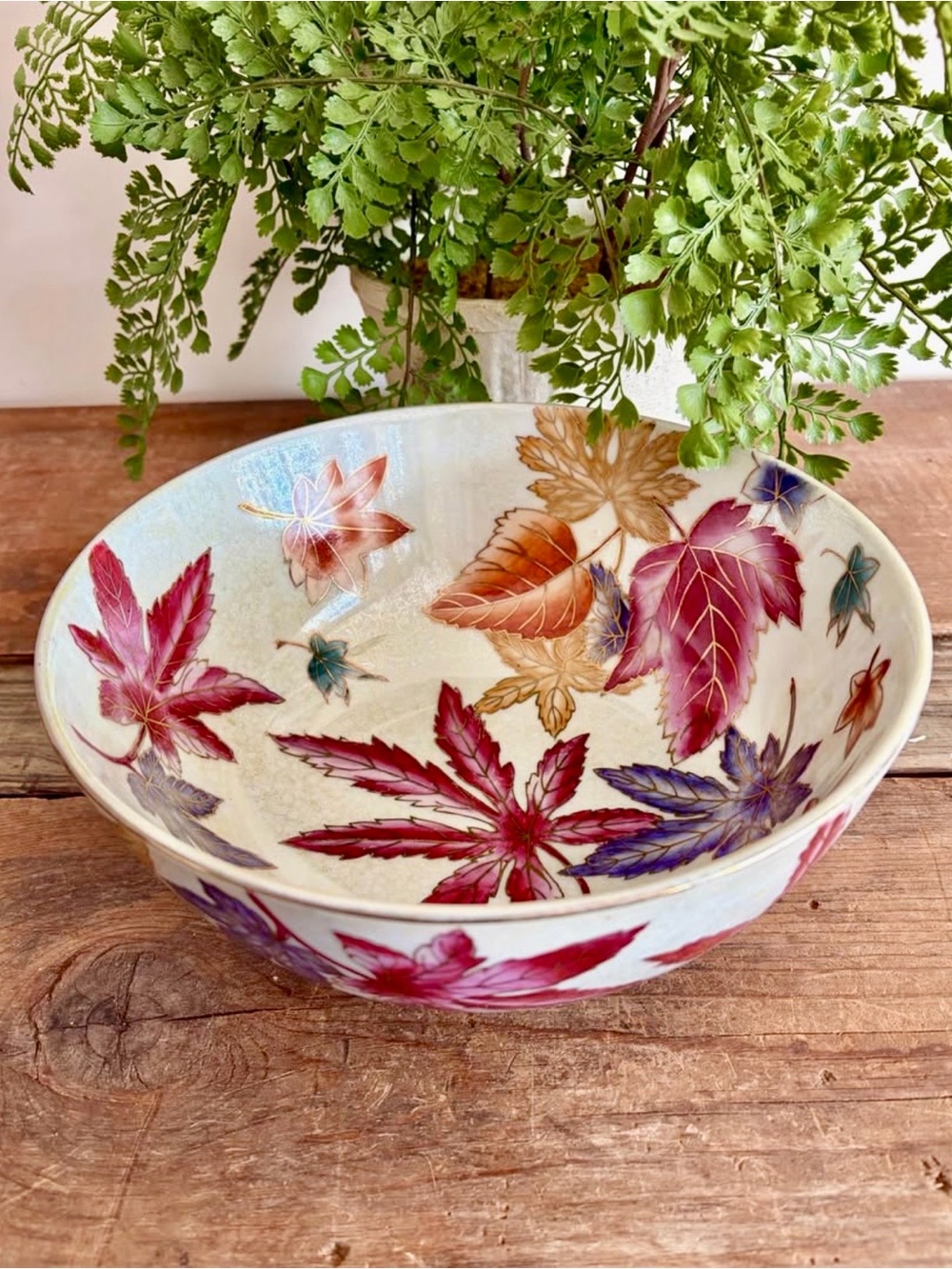 Hand-Painted Ceramic Bowl with Red, Purple & Gold Leaf Motif
